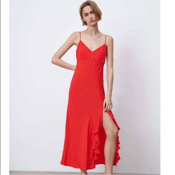 ZARA NEW JACQUARD DOTTED SLIP DRESS RUFFLE TRIM RED SIDE SLIT XL - Picture 4 of 12